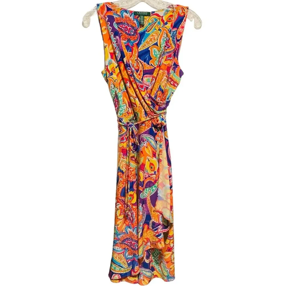 Lauren Ralph Lauren Paisley Dress Faux Wrap Sleeveless Tie Belt Stretchy Small